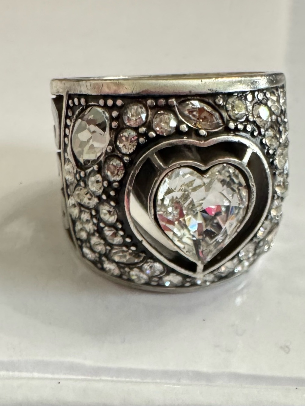 Brighton Silver & Black Heart Crystal Statement Ring w/ Clear surrounding stones - Picture 2 of 11
